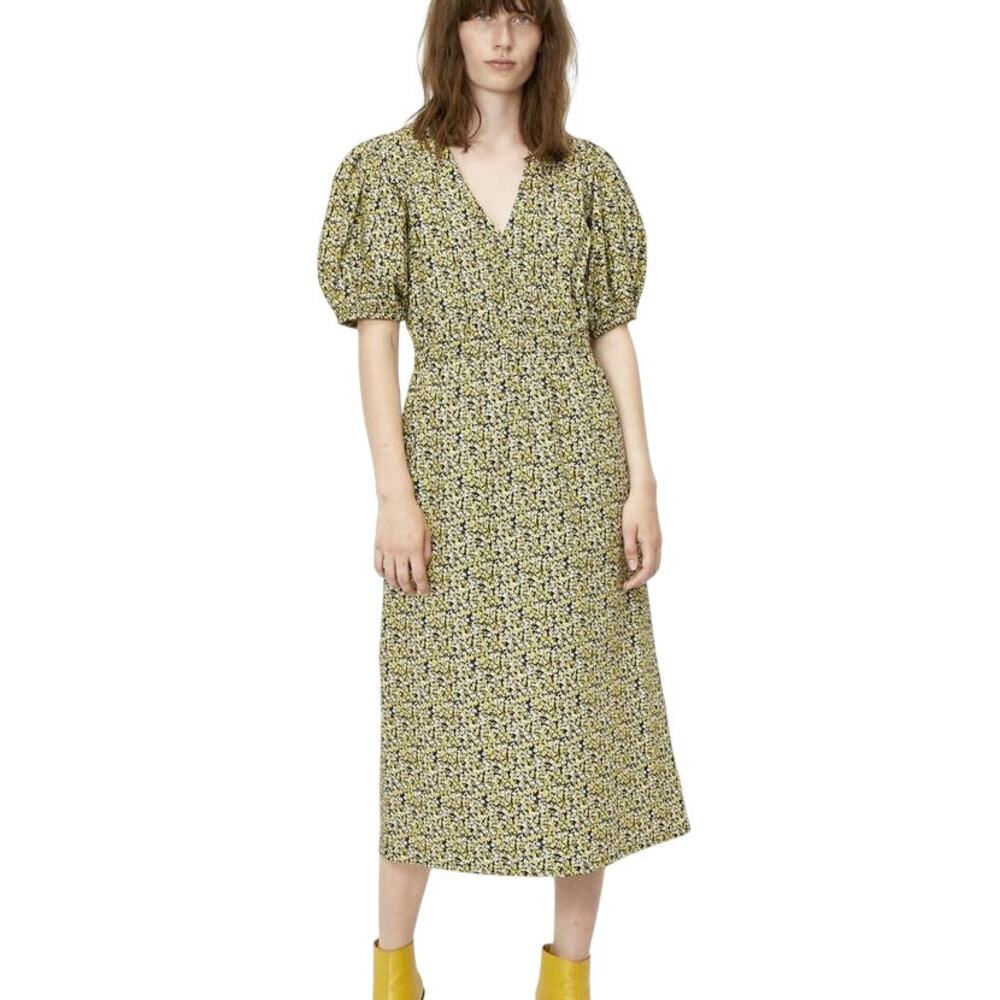 Just Female Dove Black Yellow White Floral Puff Sleeve V-neck Cotton Midi Dress